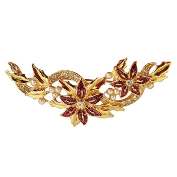 Avon Red Enamel, Rhinestone Faux Pearl Christmas Poinsettia Swag Brooch, M432 - Picture 6 of 6